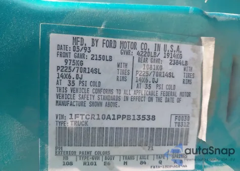 1993 Ford Ranger из США, поврежденный, VIN 1FTCR10A1PPB13538